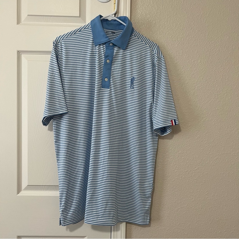 USAG Classic Blue and White Striped Polo Shirt - Large